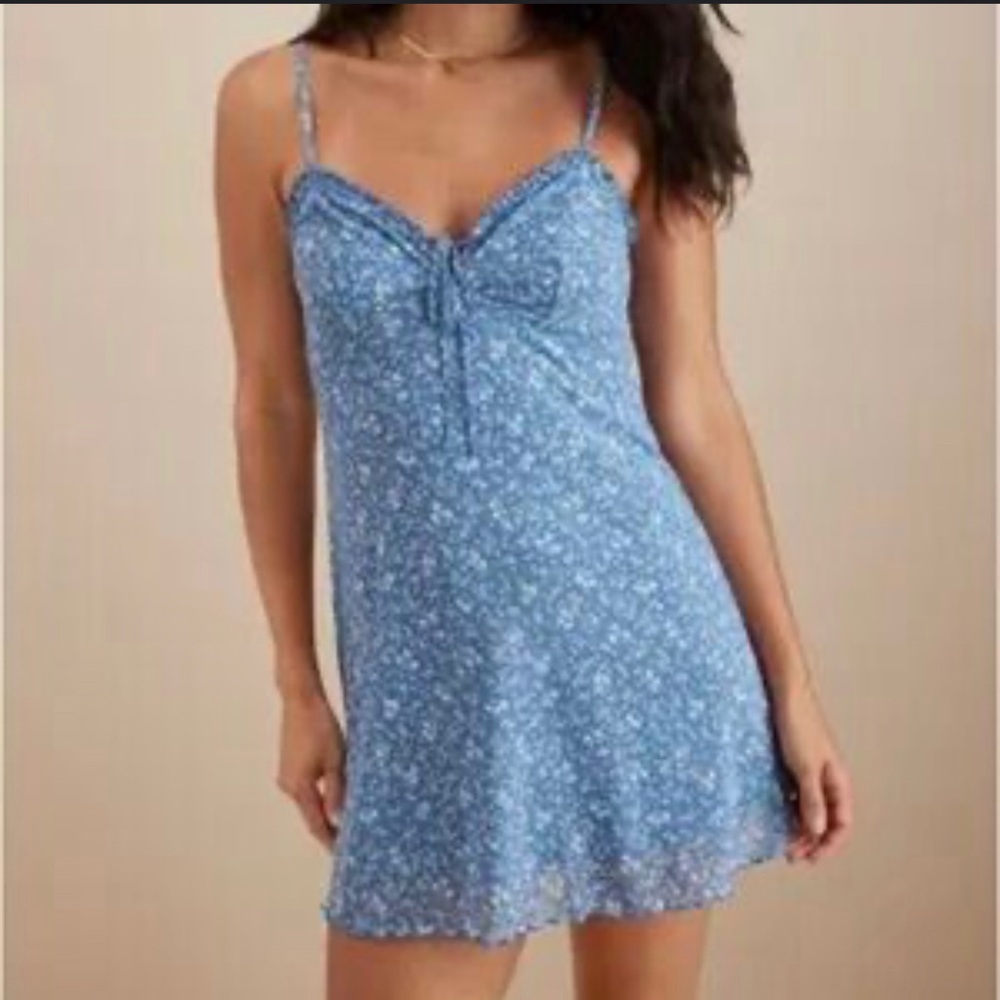 American Eagle Blue Floral Mesh Babydoll Mini Dress Ruffle Hem XS Casual